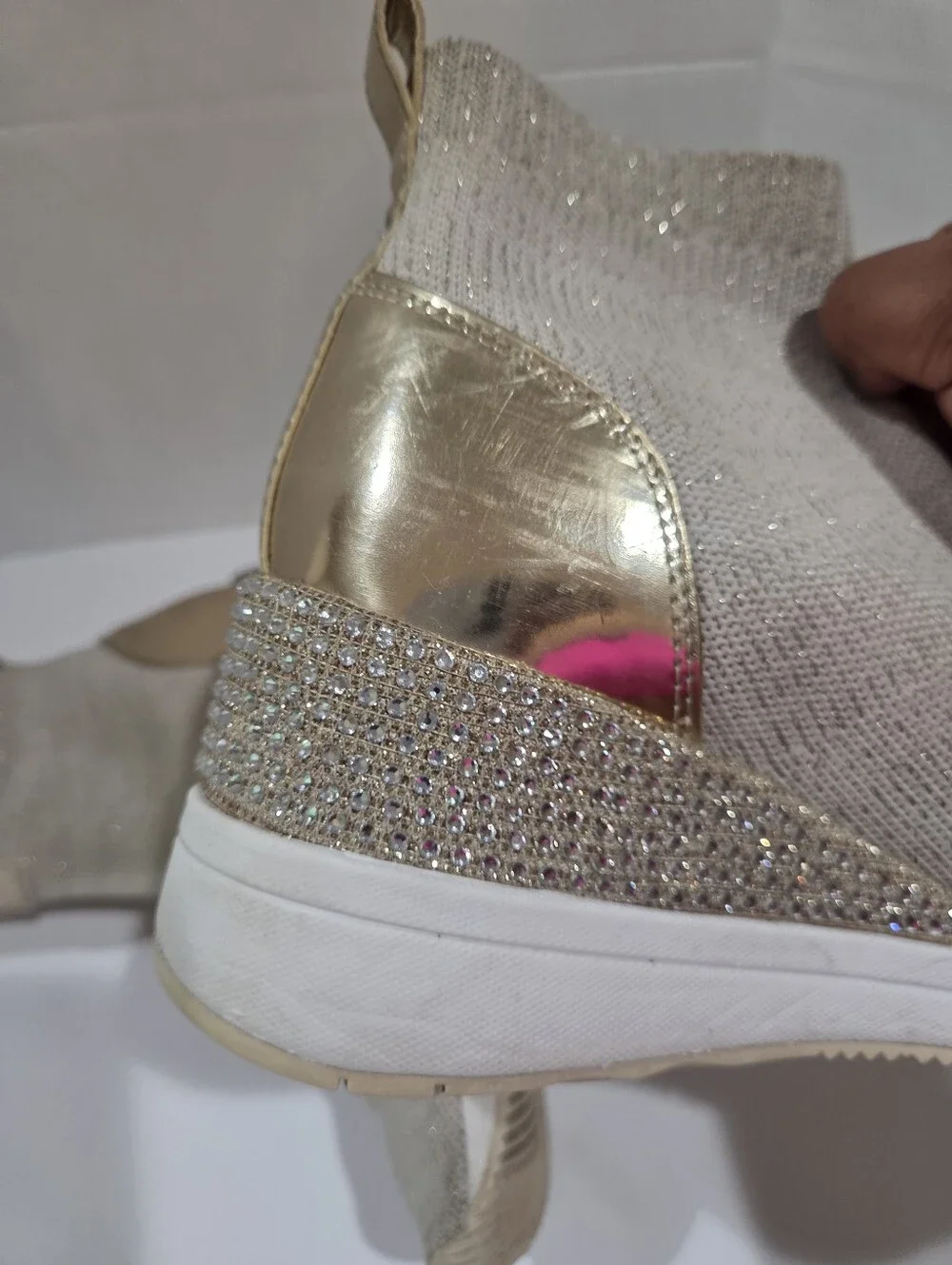 Michael Kors Cream Knit Slip-On Sneaker Boot with Gold Heel Size 8.